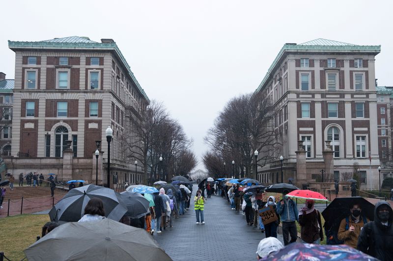 Student Workers of Columbia union members protest Columbia University’s recent policy changes and call for protection of international students, restoration of funding, and academic freedom at Columbia University in New York City, U.S. March 24, 2025. REUTERS/Dana Edwards