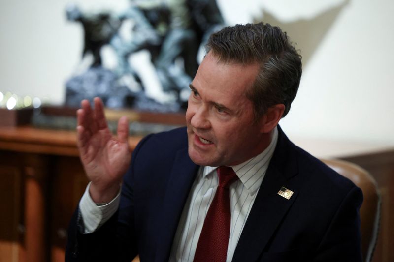 U.S. National Security Advisor Mike Waltz speaks on the day U.S. President Donald Trump meets with U.S. ambassadors at the White House in Washington, D.C., U.S., March 25, 2025. REUTERS/Evelyn Hockstein