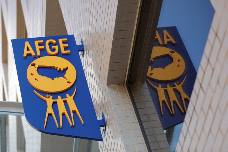 FILE PHOTO: The logo of the American Federation of Government Employees (AFGE) is seen on the outside of their headquarters in Washington, D.C., U.S., August 30, 2020/REUTERS/Andrew Kelly/File Photo