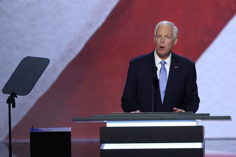 FILE PHOTO: Sen. Ron Johnson (R-WI) speaks on Day 1 of the Republican National Convention (RNC), at the Fiserv Forum in Milwaukee, Wisconsin, U.S., July 15, 2024. REUTERS/Mike Segar/File Photo
