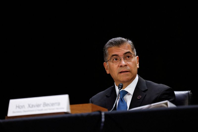 FILE PHOTO: U.S. Secretary of Health and Human Services Xavier Becerra testifies before the Senate Appropriations committee as lawmakers in the U.S. Congress struggle to reach a deal to head off a looming partial government shutdown less than two weeks away on Capitol Hill in Washington, U.S., November 8, 2023. REUTERS/Julia Nikhinson/File Photo