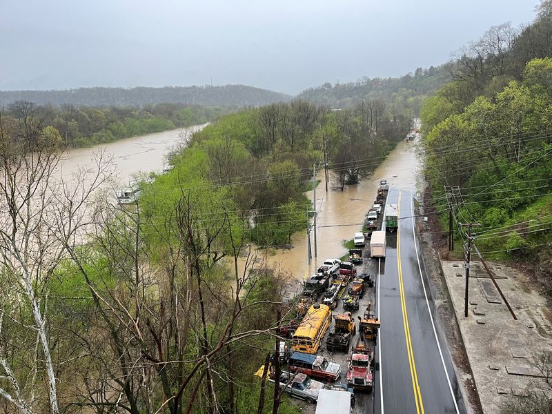 A view shows a flooded area, in Frankfort, Kentucky, U.S., April 5, 2025, in this still image obtaned from social media. Buddy Bennett/via REUTERS