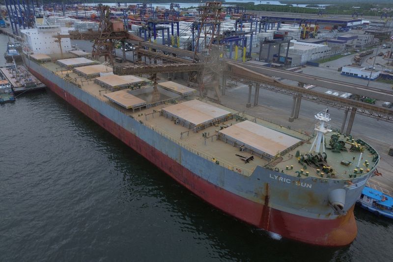 FILE PHOTO: A drone view shows a soybean shipment in the export corridor of the Port of Paranagua, south of Brazil