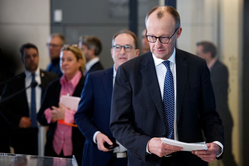 German chancellor-in-waiting Merz addresses the media in Berlin