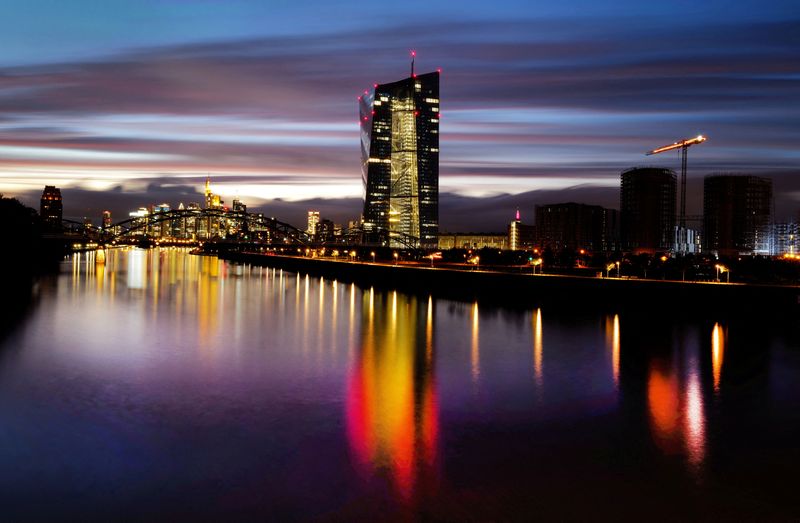 FILE PHOTO: The skyline with the banking district and the headquarters of the European Central Bank (ECB) are photographed in Frankfurt