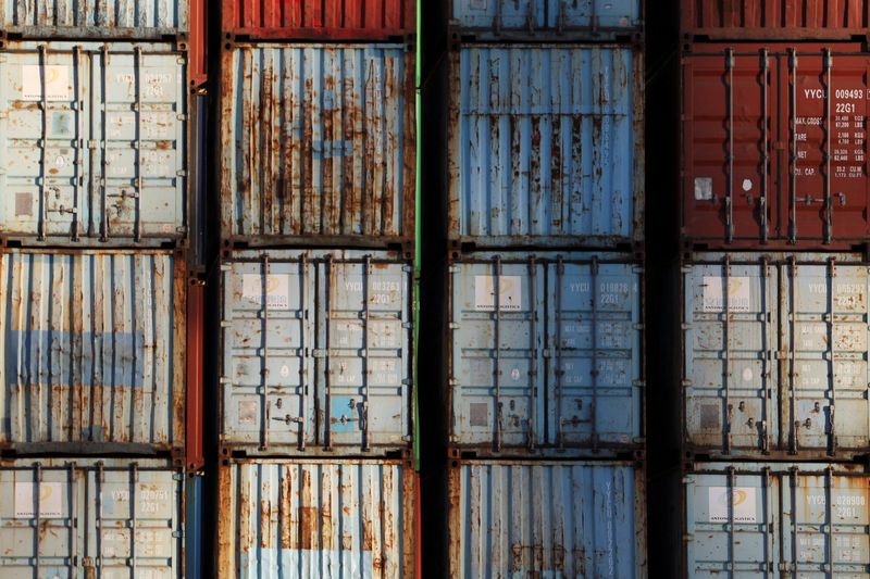 FILE PHOTO: Shipping containers sit at a port in Tianjin, China February 8, 2025. REUTERS/Florence Lo/File Photo