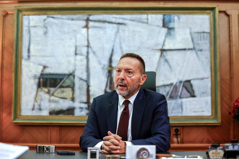 FILE PHOTO: Member of the ECB governing council and Governor of the Bank of Greece, Yannis Stournaras talks during an interview with Reuters in Athens, Greece, October 11, 2023. REUTERS/Louisa Gouliamaki/File Photo