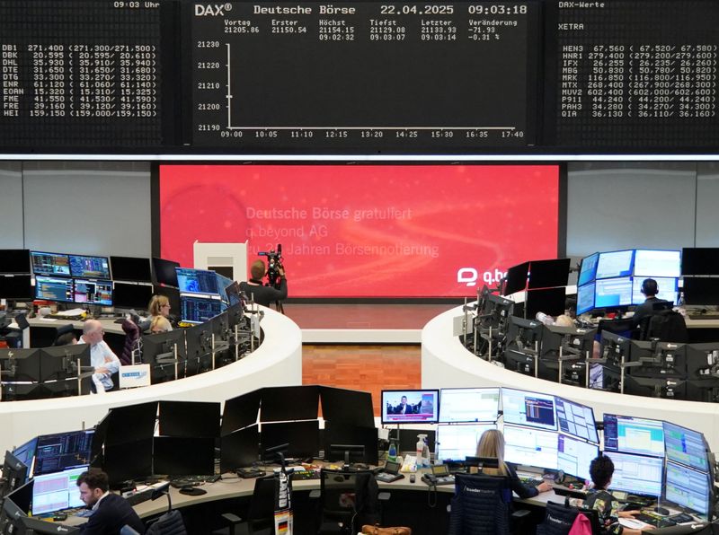 The German share price index DAX graph is pictured at the stock exchange in Frankfurt, Germany, April 22, 2025.   REUTERS/staff