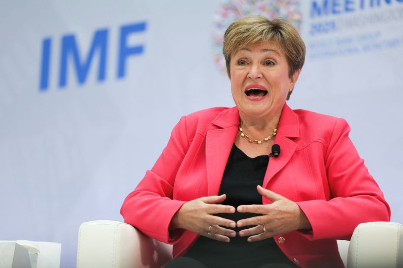 International Monetary Fund (IMF) Managing Director Kristalina Georgieva speaks with moderator Maria Bartiromo (not pictured), ahead of the IMF/World Bank Spring Meetings, at the IMF headquarters in Washington, D.C., U.S., April 17, 2025. REUTERS/Leah Millis
