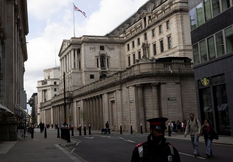 FILE PHOTO: A general view of the Bank of England building in London, Britain, April 14, 2025. REUTERS/Carlos Jasso/File Photo