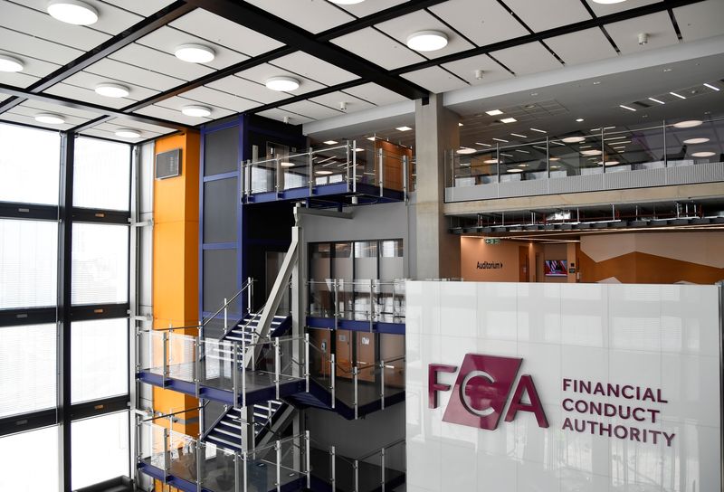 FILE PHOTO: Signage for the FCA (Financial Conduct Authority), the Britain's financial regulatory body, is seen at their head offices in London, Britain March 10, 2022. REUTERS/Toby Melville/File Photo