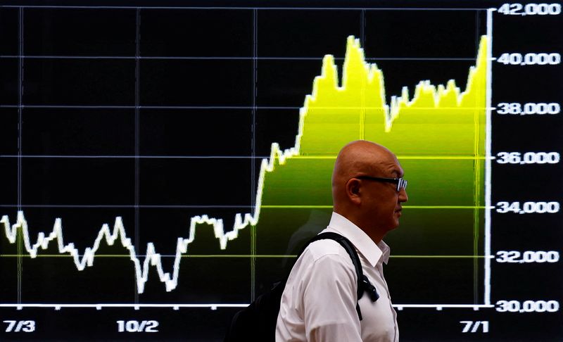 A man walks past an electric screen displaying graph showing recent movements on Japan’s Nikkei share average in Tokyo