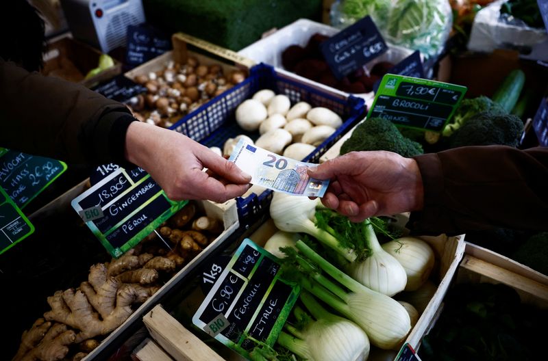 A shopper pays with a twenty Euro banknote at a local market in Nantes, France, February 1, 2024. REUTERS/Stephane Mahe/File Photo