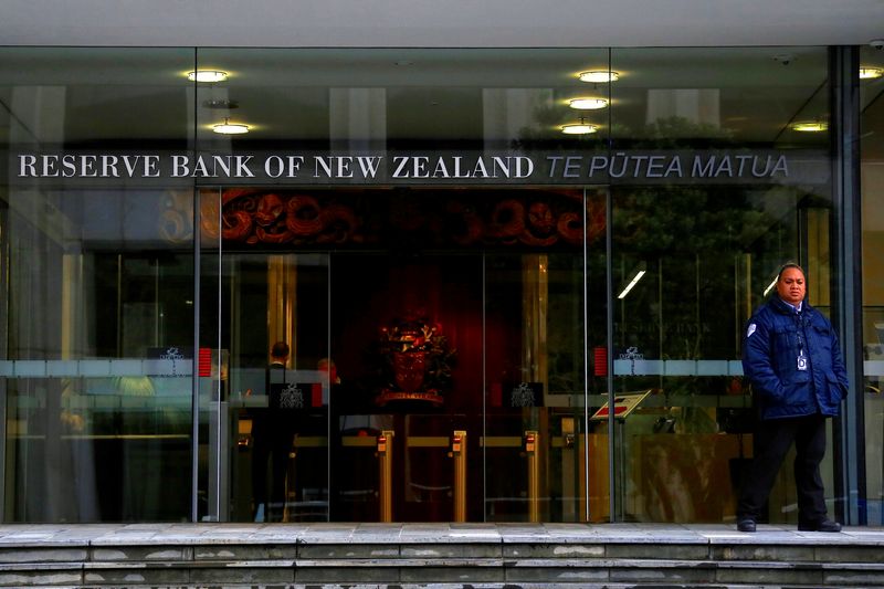 FILE PHOTO: A security guard stands outside the main entrance to the Reserve Bank of New Zealand located in central Wellington, New Zealand, July 3, 2017.  REUTERS/David Gray/File Photo