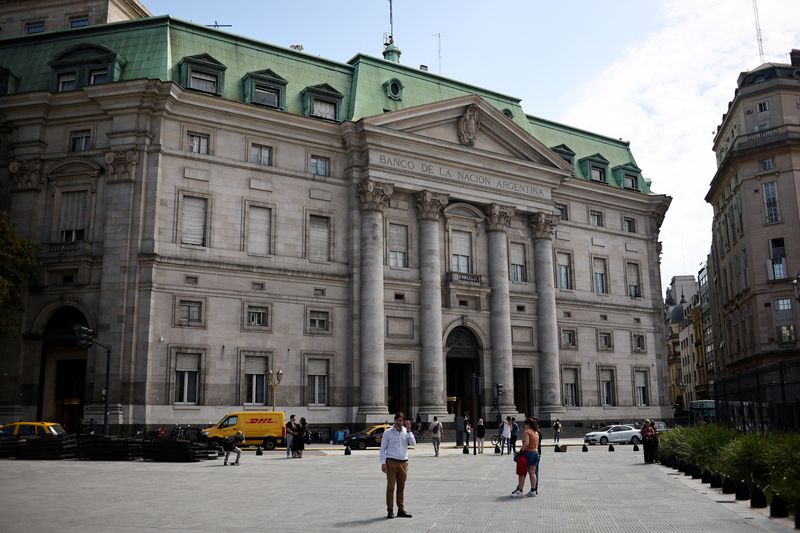 FILE PHOTO: A general view of Argentina's Banco de la Nacion bank, after Argentine Economy Minister Luis Caputo and the International Monetary Fund (IMF) separately said the country and the IMF were discussing a loan, in Buenos Aires, Argentina March 27, 2025. REUTERS/Agustin Marcarian/File Photo