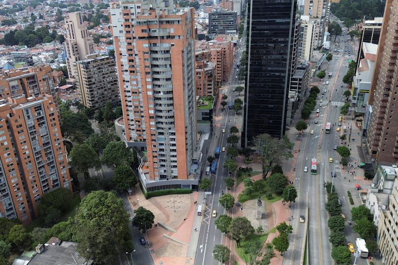 FILE PHOTO: A drone view shows downtown, in Bogota, Colombia March 23, 2025. REUTERS/Nathalia Angarita/File Photo