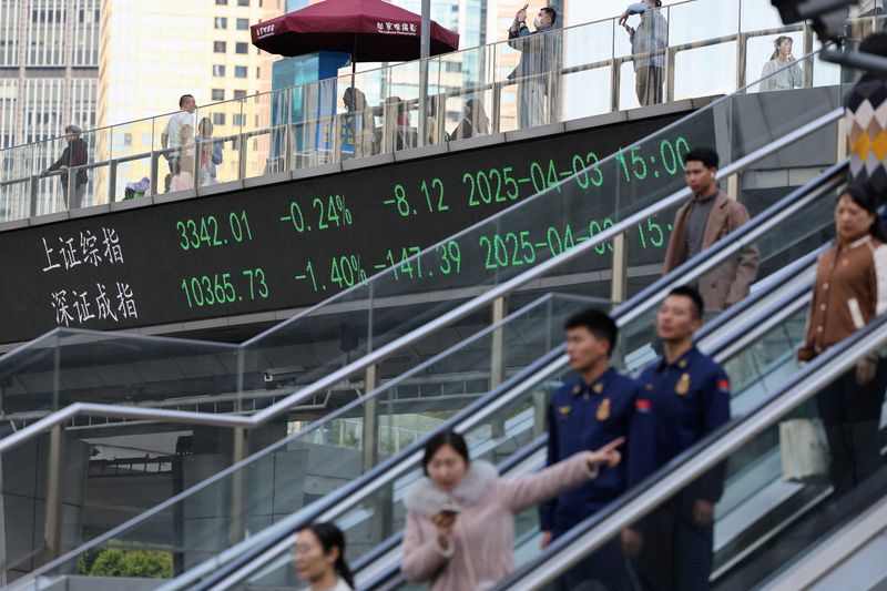 FILE PHOTO: An electronic board shows Shanghai and Shenzhen stock indices as people walk on a pedestrian bridge at the Lujiazui financial district in Shanghai, China April 3, 2025.  REUTERS/Go Nakamura/File Photo