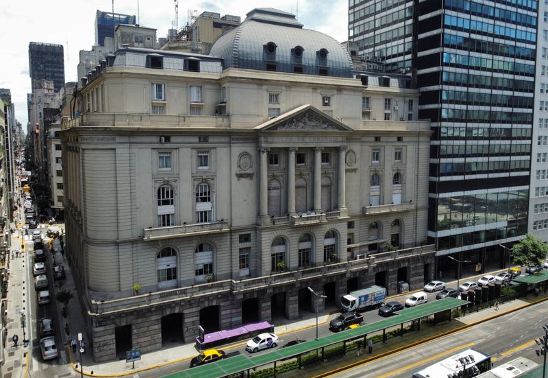 A drone view shows the facade of the Buenos Aires Stock Exchange