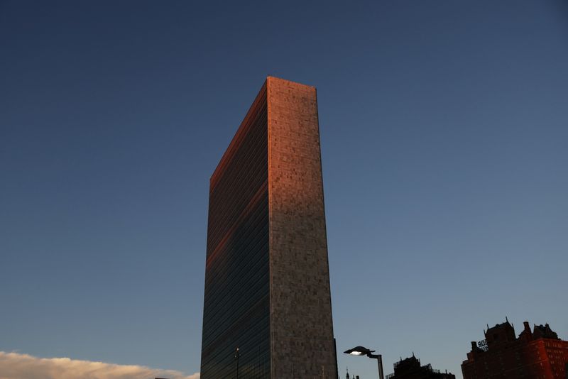 The United Nations building is seen at sunrise during the 77th Session of the United Nations General Assembly at the U.N. Headquarters in New York City