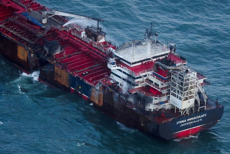 FILE PHOTO: Aftermath of collision between container ship and oil tanker