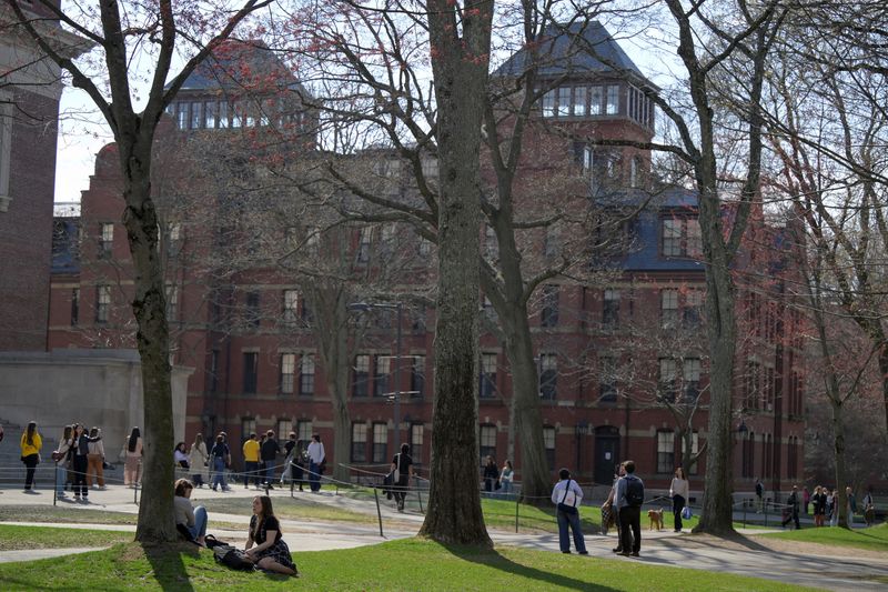FILE PHOTO: Students gather on the campus of Harvard University in Cambridge, Massachusetts, U.S., April 15, 2025.   REUTERS/Faith Ninivaggi/File Photo