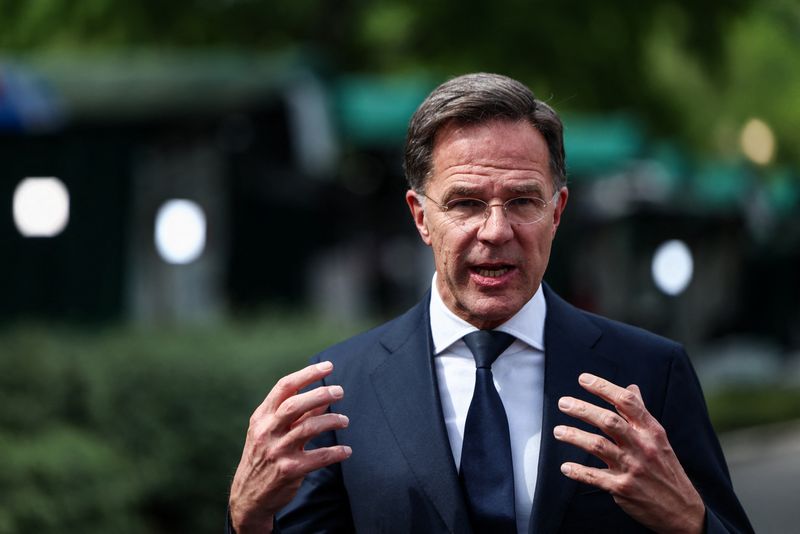 NATO Secretary General Mark Rutte gestures, as he speaks in front of the White House, in Washington, D.C., U.S., April 24, 2025. REUTERS/Evelyn Hockstein
