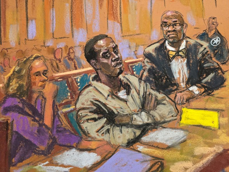 FILE PHOTO: Sean "Diddy" Combs listens accompanied by attorneys Anthony Ricco and Alexandra Shapiro, on the day of his hearing on his request to be released from jail pending trial in New York City, U.S., November 22, 2024 in this courtroom sketch. REUTERS/Jane Rosenberg/File Photo