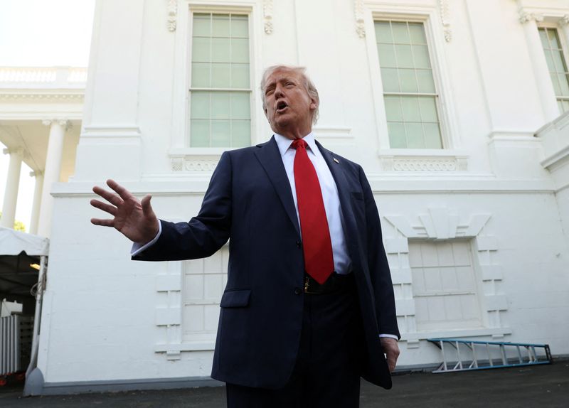 U.S. President Donald Trump speaks to reporters at the White House in Washington, D.C., U.S., April 23, 2025. REUTERS/Kevin Lamarque/File Photo