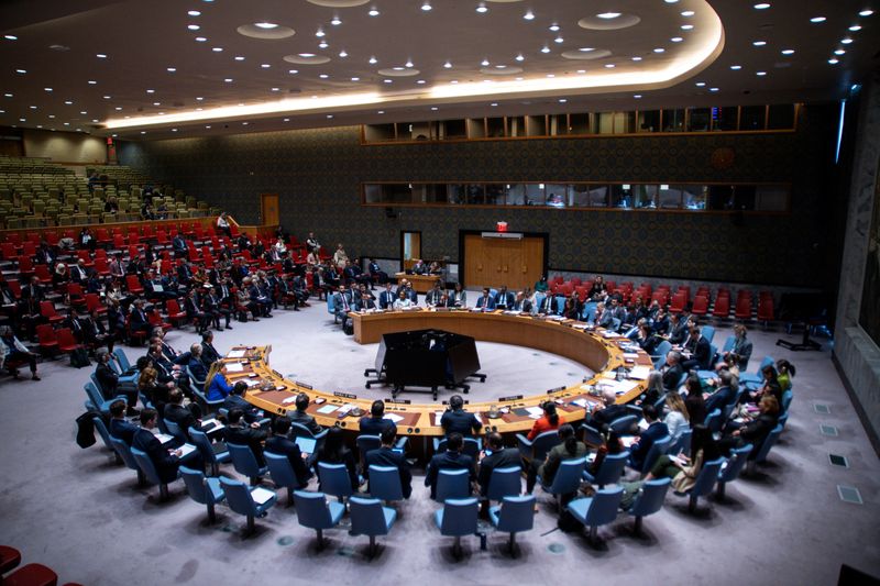 Syrian Foreign Minister Asaad Hassan al-Shibani addresses members of the Security Council during a meeting about the situation in Syria, at the United Nations Headquarters in New York, U.S., April 25, 2025. REUTERS/Eduardo Munoz