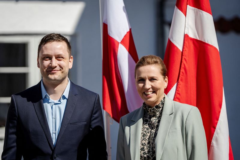 Prime Minister Mette Frederiksen receives Greenland's Prime Minister Jens-Frederik Nielsen ahead of a meeting at Marienborg in Kongens Lyngby, Denmark, April 27, 2025. Ritzau Scanpix/Mads Claus Rasmussen via REUTERS