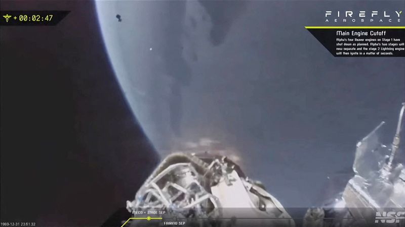 U.S. company Firefly Aerospace's rocket, Firefly Alpha, performs a booster separation, seen top-left over Earth, after launching from Vandenberg Space Force Base, California, U.S., April 29, 2025 in this still image taken from social media video. Firefly Aerospace via REUTERS