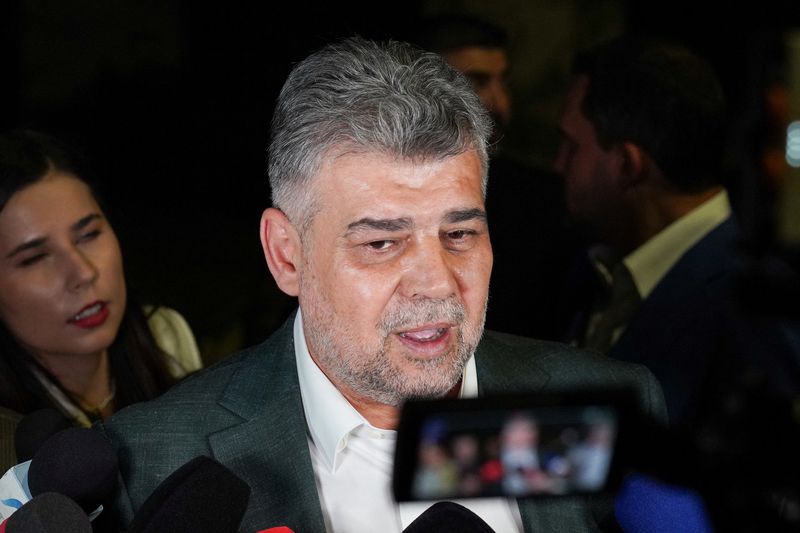 Romanian Prime Minister Marcel Ciolacu speaks to the media, during the first round of the presidential election, in Bucharest, Romania, May 4, 2025. REUTERS/Andreea Campeanu
