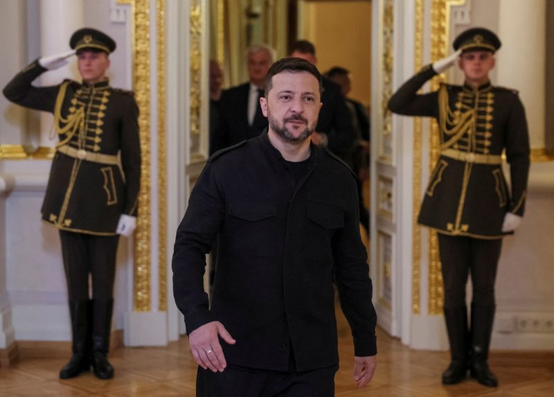 Ukraine's President Volodymyr Zelenskiy arrives for meeting with Britain's Prime Minister Keir Starmer, French President Emmanuel Macron, German Chancellor Friedrich Merz and Poland's Prime Minister Donald Tusk, amid Russia's attack on Ukraine, in Kyiv, Ukraine May 10, 2025.  REUTERS/Gleb Garanich