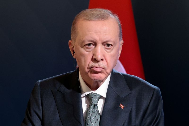 Turkish President Tayyip Erdogan attends a press conference with Italian Prime Minister Giorgia Meloni (not pictured), at Villa Doria Pamphili in Rome, Italy, April 29, 2025. REUTERS/Remo Casilli/File Photo