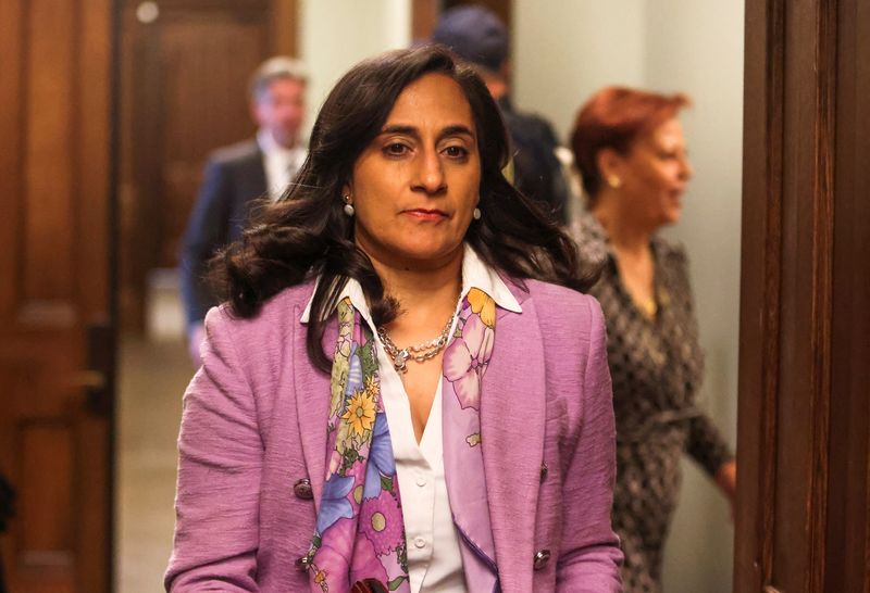 FILE PHOTO: Anita Anand leaves a caucus meeting on Parliament Hill in Ottawa, Ontario, Canada, October 23, 2024.  REUTERS/Patrick Doyle