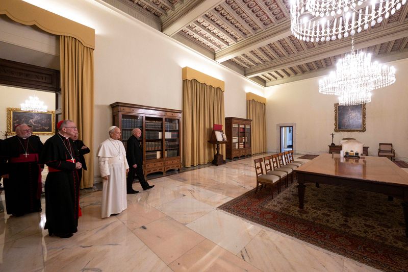 FILE PHOTO: Pope Leo XIV visits the Apostolic Palace after it was unsealed, at the Vatican, May 11, 2025. Vatican Media/Francesco Sforza/­Handout via REUTERS