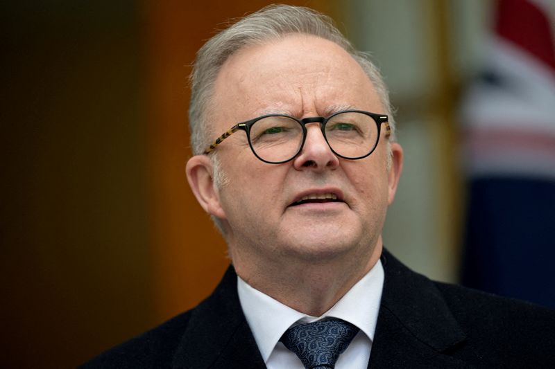 FILE PHOTO: Australia's Prime Minister Anthony Albanese speaks to the media during a press conference at the Australian Parliament House in Canberra, Australia, August 16, 2024. REUTERS/Tracey Nearmy/File Photo