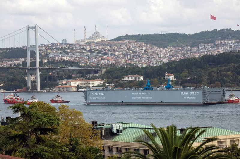 A Russian floating dock is towed by tugboats through Bosphorus to the Black Sea, in Istanbul, Turkey, September 18, 2024. REUTERS/Murad Sezer/File Photo