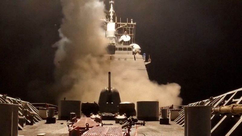 A ship fires missiles at an undisclosed location, after U.S. President Donald Trump launched military strikes against Yemen's Iran-aligned Houthis on Saturday over the group's attacks against Red Sea shipping, in this screengrab obtained from a handout video released on March 15, 2025. U.S. Central Command/Handout via REUTERS/File Photo