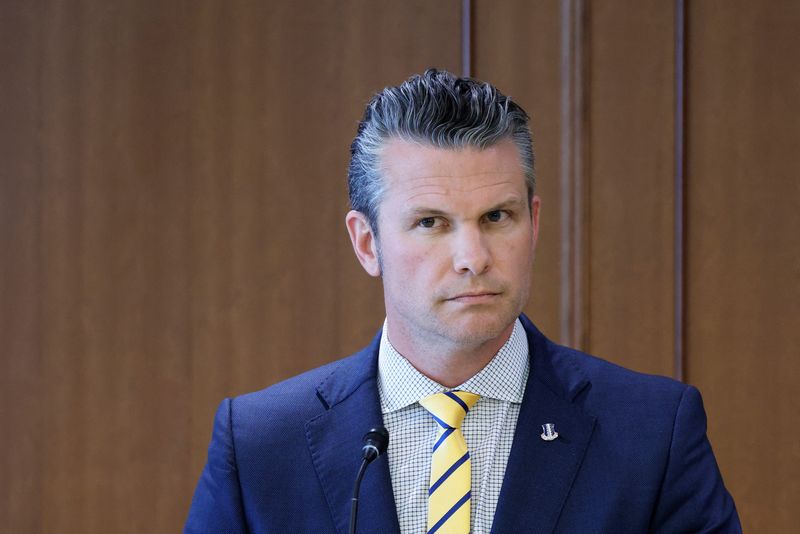 FILE PHOTO: Pete Hegseth, US secretary of defense, attends a joint news conference with Gen Nakatani, Japan's defense minister, not photographed, at the Ministry of Defense in Tokyo, Japan, on Sunday, March 30, 2025.  Kiyoshi Ota/Pool via REUTERS/File photo