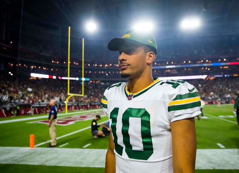 Oct 28, 2021; Glendale, Arizona, USA; Green Bay Packers quarterback Jordan Love (10) against the Arizona Cardinals at State Farm Stadium. Mandatory Credit: Mark J. Rebilas-USA TODAY Sports