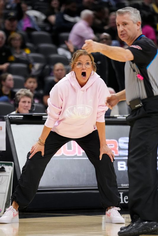 Feb 6, 2025; Columbia, Missouri, USA; Missouri Tigers head coach Robin Pingeton reacts to a call during the first half of the game against the LSU Lady Tigers at Mizzou Arena.