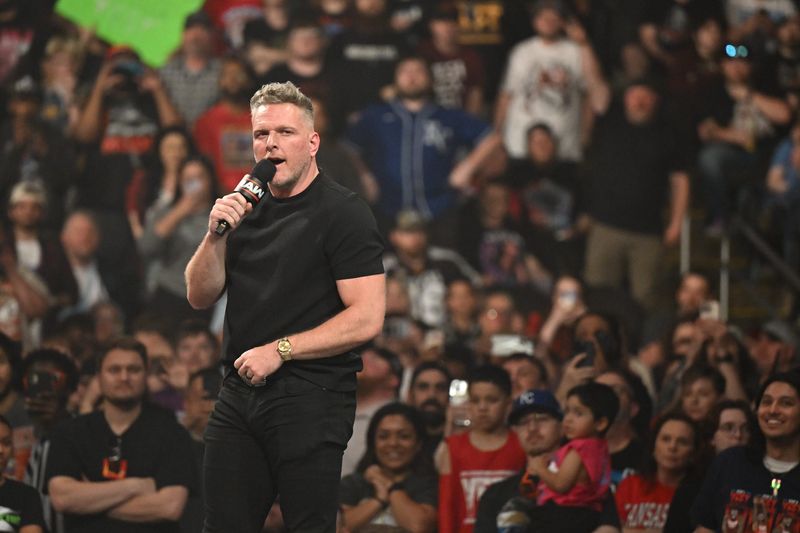Pat McAfee speaks during WWE Raw at T-Mobile Center on April 28, 2025 in Kansas City, Missouri. McAfee will square off against Gunther at WWE Backlash.