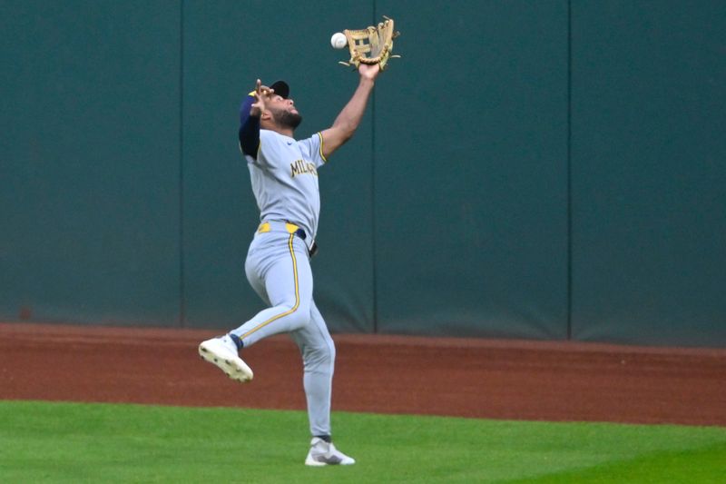 Brewers center-fielder Jackson Chourio fails to catch a fly ball in the fourth inning May 12 against the Guardians at Progressive Field in Cleveland.