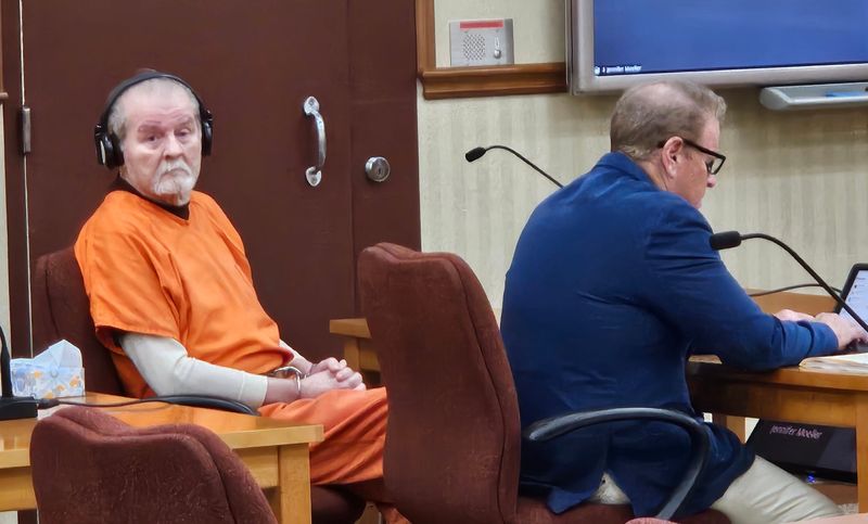 Dale Pautsch, left, sits near his attorney, Bret Reetz, before his sentencing hearing on his theft in a business setting convictions at the Door County Justice Center in Sturgeon Bay, Wis., on Thursday, May 29, 2025. Pautsch was sentenced to serve 15 years in prison.
