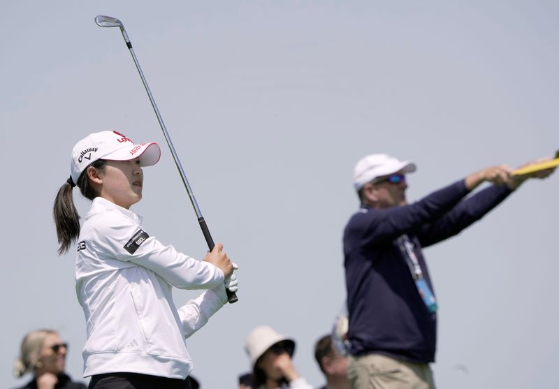 Youmin Hwang watches her the shot on the ninth hole during the third round of the U.S. Women’s Open Satruday, May 31, 2025 at Erin Hills in the Town of Erin, Wisconsin.